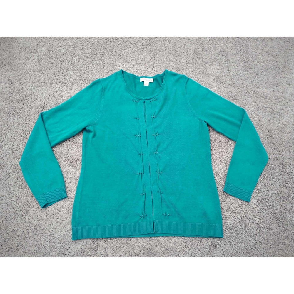 Coldwater Creek Sweater Womens Medium Teal‎ Long Sleeve Beaded Tucks 70% Silk